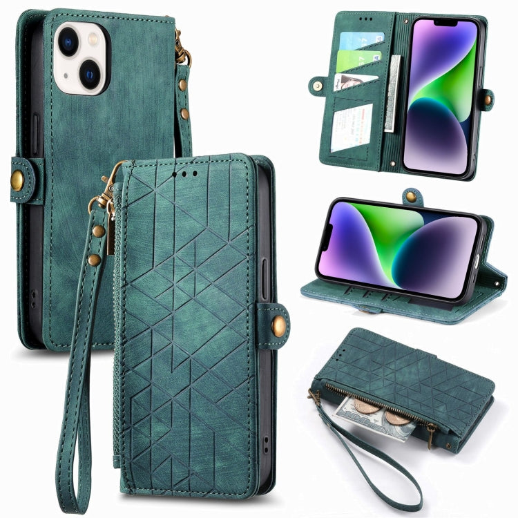 Estuche de teléfono de cuero con hebilla lateral de billetera con cremallera geométrica, For iPhone 16, For iPhone 15 Pro Max, For iPhone 15 Pro, For iPhone 15 Plus, For iPhone 15, For iPhone 14 Plus, For iPhone 14, For iPhone 14 Pro