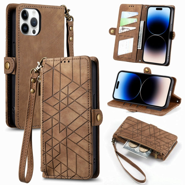 Estuche de teléfono de cuero con hebilla lateral de billetera con cremallera geométrica, For iPhone 14 Pro Max, For iPhone 7 / 8 / SE 2022, For iPhone 13 Pro Max, For iPhone 13 Pro, For iPhone 13, For iPhone 12 / 12 Pro, For iPhone 12 Pro Max          ...