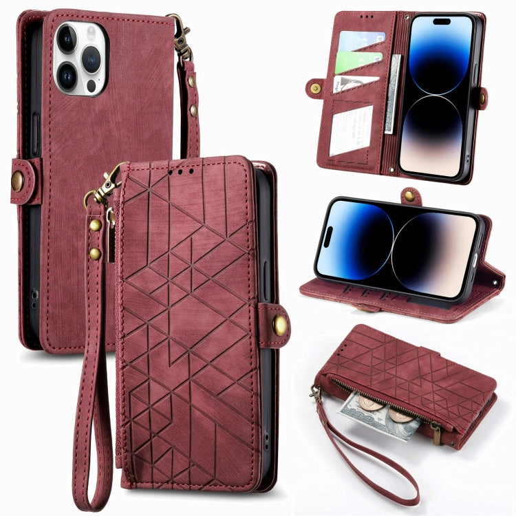 Estuche de teléfono de cuero con hebilla lateral de billetera con cremallera geométrica, For iPhone 14 Pro Max, For iPhone 7 / 8 / SE 2022, For iPhone 13 Pro Max, For iPhone 13 Pro, For iPhone 13, For iPhone 12 / 12 Pro, For iPhone 12 Pro Max          ...