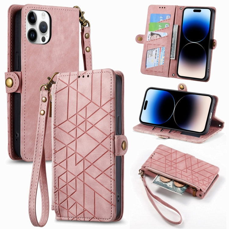 Estuche de teléfono de cuero con hebilla lateral de billetera con cremallera geométrica, For iPhone 14 Pro Max, For iPhone 7 / 8 / SE 2022, For iPhone 13 Pro Max, For iPhone 13 Pro, For iPhone 13, For iPhone 12 / 12 Pro, For iPhone 12 Pro Max          ...