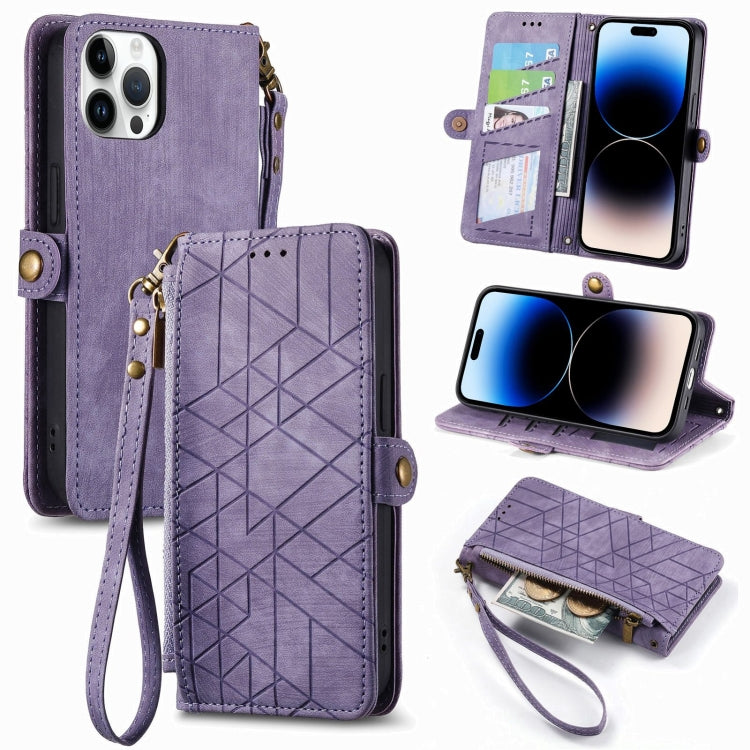 Estuche de teléfono de cuero con hebilla lateral de billetera con cremallera geométrica, For iPhone 14 Pro Max, For iPhone 7 / 8 / SE 2022, For iPhone 13 Pro Max, For iPhone 13 Pro, For iPhone 13, For iPhone 12 / 12 Pro, For iPhone 12 Pro Max          ...