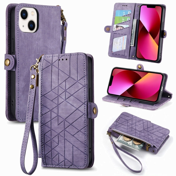 Estuche de teléfono de cuero con hebilla lateral de billetera con cremallera geométrica, For iPhone 14 Pro Max, For iPhone 7 / 8 / SE 2022, For iPhone 13 Pro Max, For iPhone 13 Pro, For iPhone 13, For iPhone 12 / 12 Pro, For iPhone 12 Pro Max          ...