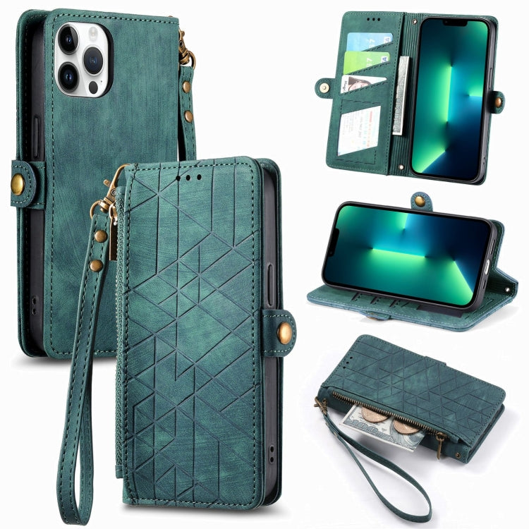 Estuche de teléfono de cuero con hebilla lateral de billetera con cremallera geométrica, For iPhone 14 Pro Max, For iPhone 7 / 8 / SE 2022, For iPhone 13 Pro Max, For iPhone 13 Pro, For iPhone 13, For iPhone 12 / 12 Pro, For iPhone 12 Pro Max          ...