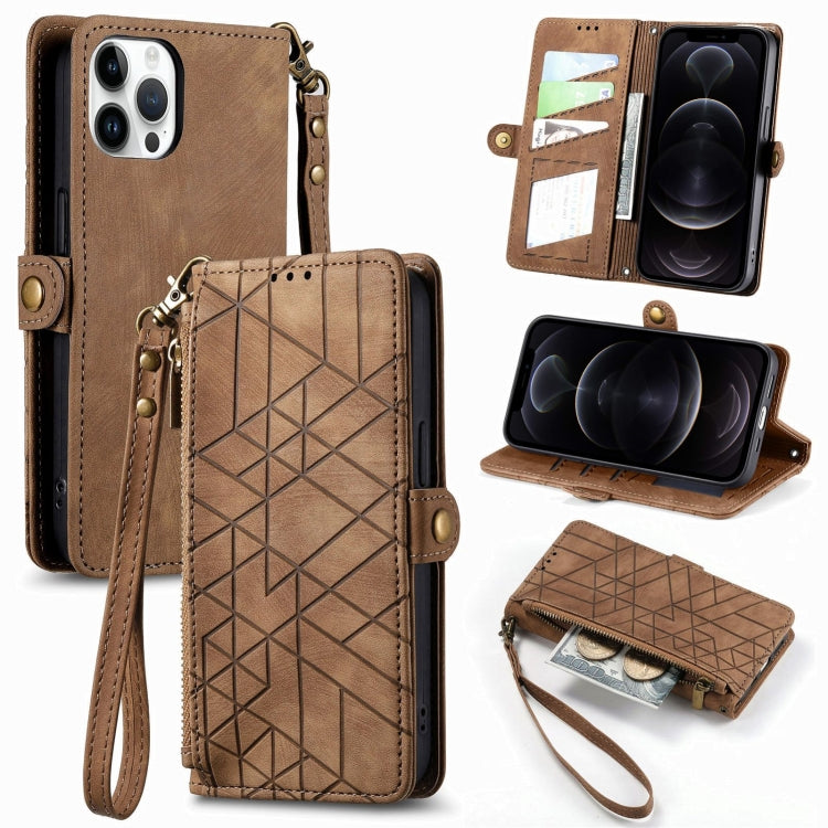 Estuche de teléfono de cuero con hebilla lateral de billetera con cremallera geométrica, For iPhone 14 Pro Max, For iPhone 7 / 8 / SE 2022, For iPhone 13 Pro Max, For iPhone 13 Pro, For iPhone 13, For iPhone 12 / 12 Pro, For iPhone 12 Pro Max          ...
