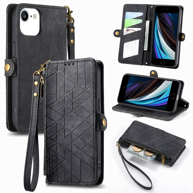 Estuche de teléfono de cuero con hebilla lateral de billetera con cremallera geométrica, For iPhone 14 Pro Max, For iPhone 7 / 8 / SE 2022, For iPhone 13 Pro Max, For iPhone 13 Pro, For iPhone 13, For iPhone 12 / 12 Pro, For iPhone 12 Pro Max          ...