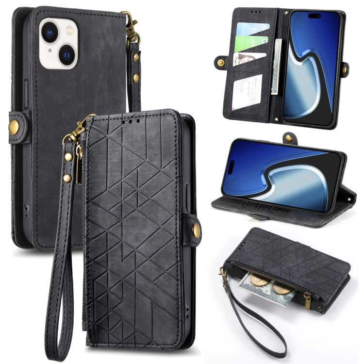 Estuche de teléfono de cuero con hebilla lateral de billetera con cremallera geométrica, For iPhone 16, For iPhone 15 Pro Max, For iPhone 15 Pro, For iPhone 15 Plus, For iPhone 15, For iPhone 14 Plus, For iPhone 14, For iPhone 14 Pro