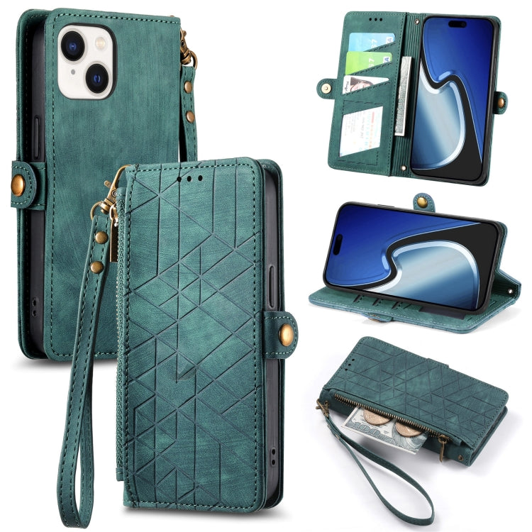 Estuche de teléfono de cuero con hebilla lateral de billetera con cremallera geométrica, For iPhone 16, For iPhone 15 Pro Max, For iPhone 15 Pro, For iPhone 15 Plus, For iPhone 15, For iPhone 14 Plus, For iPhone 14, For iPhone 14 Pro