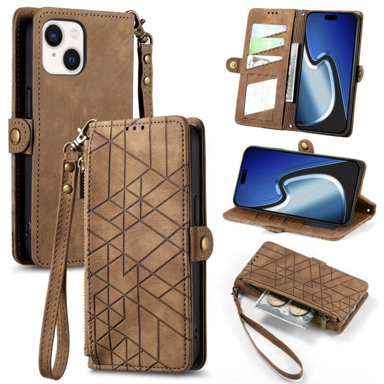 Estuche de teléfono de cuero con hebilla lateral de billetera con cremallera geométrica, For iPhone 16, For iPhone 15 Pro Max, For iPhone 15 Pro, For iPhone 15 Plus, For iPhone 15, For iPhone 14 Plus, For iPhone 14, For iPhone 14 Pro