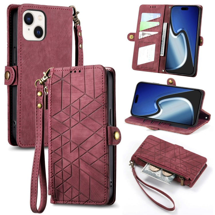 Estuche de teléfono de cuero con hebilla lateral de billetera con cremallera geométrica, For iPhone 16, For iPhone 15 Pro Max, For iPhone 15 Pro, For iPhone 15 Plus, For iPhone 15, For iPhone 14 Plus, For iPhone 14, For iPhone 14 Pro