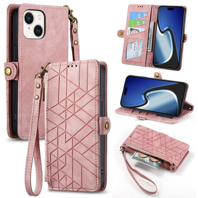 Estuche de teléfono de cuero con hebilla lateral de billetera con cremallera geométrica, For iPhone 16, For iPhone 15 Pro Max, For iPhone 15 Pro, For iPhone 15 Plus, For iPhone 15, For iPhone 14 Plus, For iPhone 14, For iPhone 14 Pro
