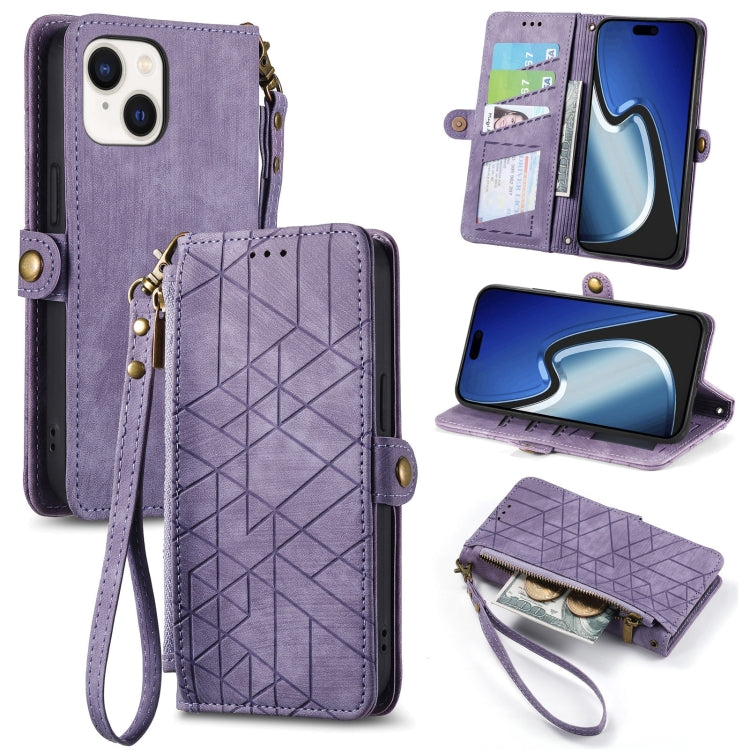 Estuche de teléfono de cuero con hebilla lateral de billetera con cremallera geométrica, For iPhone 16, For iPhone 15 Pro Max, For iPhone 15 Pro, For iPhone 15 Plus, For iPhone 15, For iPhone 14 Plus, For iPhone 14, For iPhone 14 Pro
