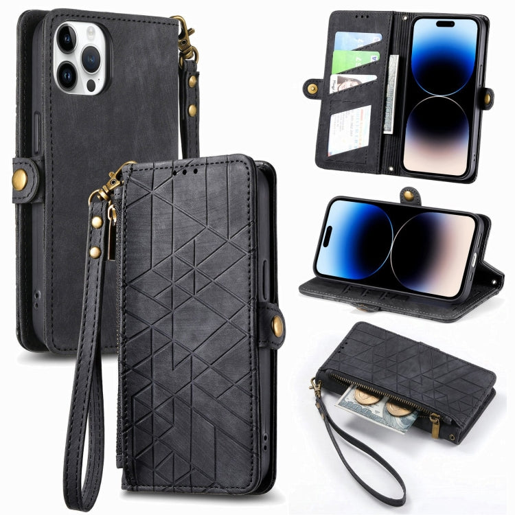 Estuche de teléfono de cuero con hebilla lateral de billetera con cremallera geométrica, For iPhone 16, For iPhone 15 Pro Max, For iPhone 15 Pro, For iPhone 15 Plus, For iPhone 15, For iPhone 14 Plus, For iPhone 14, For iPhone 14 Pro