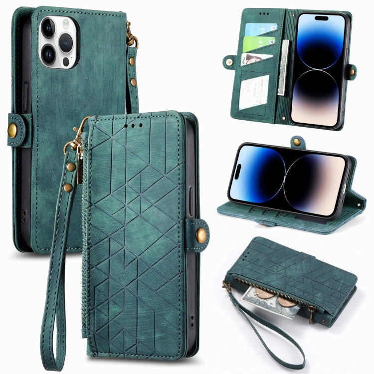 Estuche de teléfono de cuero con hebilla lateral de billetera con cremallera geométrica, For iPhone 16, For iPhone 15 Pro Max, For iPhone 15 Pro, For iPhone 15 Plus, For iPhone 15, For iPhone 14 Plus, For iPhone 14, For iPhone 14 Pro
