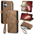 Estuche de teléfono de cuero con hebilla lateral de billetera con cremallera geométrica, For iPhone 16, For iPhone 15 Pro Max, For iPhone 15 Pro, For iPhone 15 Plus, For iPhone 15, For iPhone 14 Plus, For iPhone 14, For iPhone 14 Pro