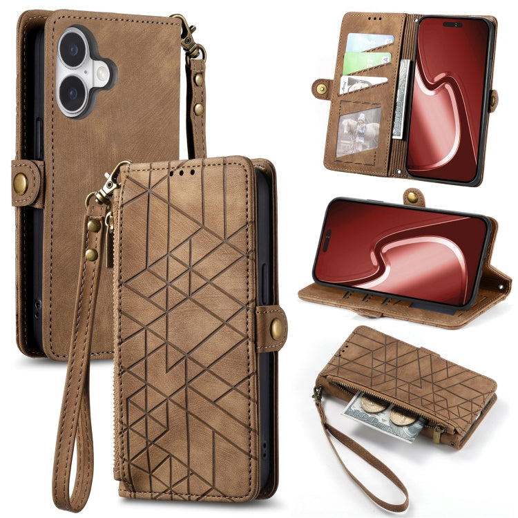 Estuche de teléfono de cuero con hebilla lateral de billetera con cremallera geométrica, For iPhone 16, For iPhone 15 Pro Max, For iPhone 15 Pro, For iPhone 15 Plus, For iPhone 15, For iPhone 14 Plus, For iPhone 14, For iPhone 14 Pro