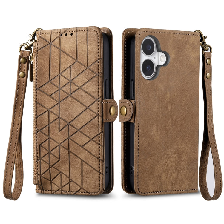 Estuche de teléfono de cuero con hebilla lateral de billetera con cremallera geométrica, For iPhone 16, For iPhone 15 Pro Max, For iPhone 15 Pro, For iPhone 15 Plus, For iPhone 15, For iPhone 14 Plus, For iPhone 14, For iPhone 14 Pro