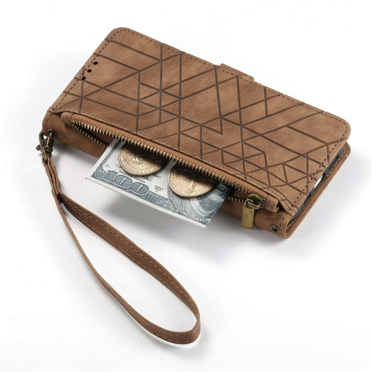 Estuche de teléfono de cuero con hebilla lateral de billetera con cremallera geométrica, For iPhone 16, For iPhone 15 Pro Max, For iPhone 15 Pro, For iPhone 15 Plus, For iPhone 15, For iPhone 14 Plus, For iPhone 14, For iPhone 14 Pro