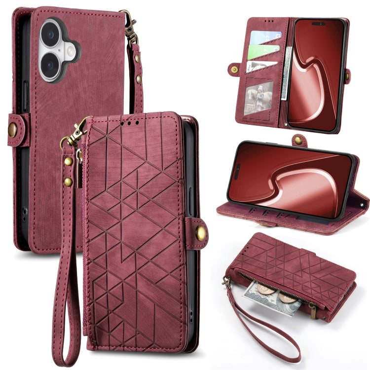 Estuche de teléfono de cuero con hebilla lateral de billetera con cremallera geométrica, For iPhone 16, For iPhone 15 Pro Max, For iPhone 15 Pro, For iPhone 15 Plus, For iPhone 15, For iPhone 14 Plus, For iPhone 14, For iPhone 14 Pro
