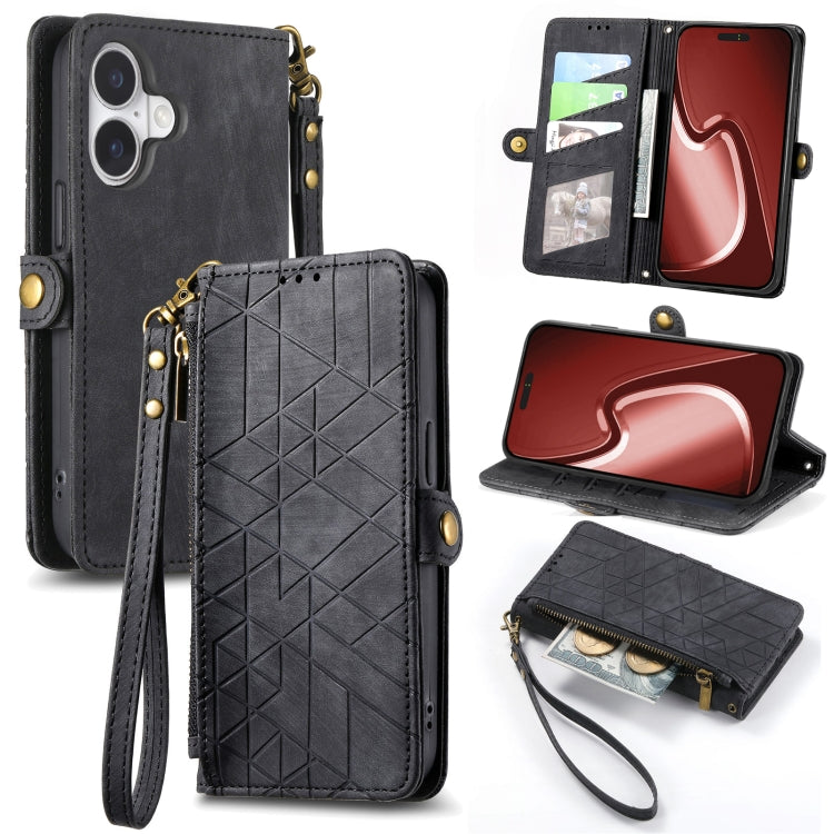 Estuche de teléfono de cuero con hebilla lateral de billetera con cremallera geométrica, For iPhone 16, For iPhone 15 Pro Max, For iPhone 15 Pro, For iPhone 15 Plus, For iPhone 15, For iPhone 14 Plus, For iPhone 14, For iPhone 14 Pro