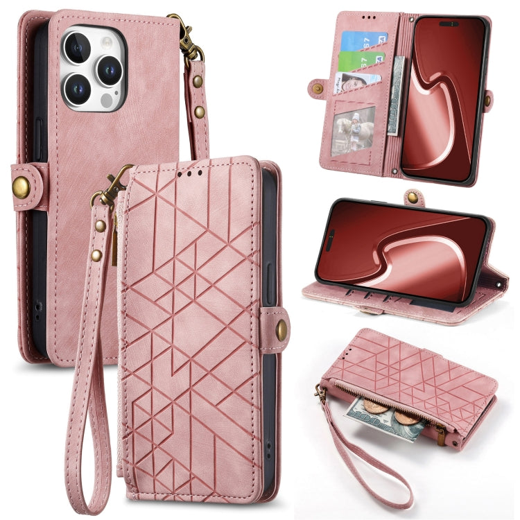 Estuche de teléfono de cuero con hebilla lateral de billetera con cremallera geométrica, For iPhone 18 Pro / 17 Pro, For iPhone 18 Pro Max / 17 Pro Max, For iPhone 17e / 16e, For iPhone 17, For iPhone Air, For iPhone 16 Pro Max, For iPhone 16 Pro      ...