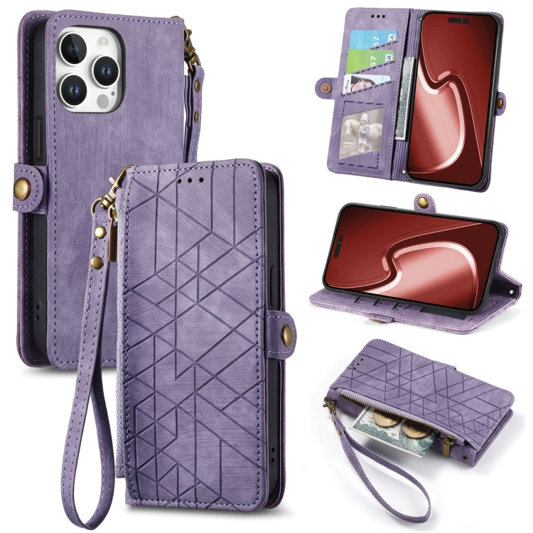 Estuche de teléfono de cuero con hebilla lateral de billetera con cremallera geométrica, For iPhone 18 Pro / 17 Pro, For iPhone 18 Pro Max / 17 Pro Max, For iPhone 17e / 16e, For iPhone 17, For iPhone Air, For iPhone 16 Pro Max, For iPhone 16 Pro      ...