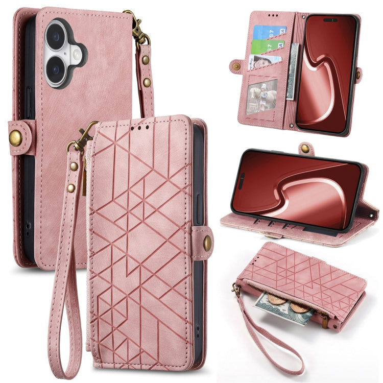 Estuche de teléfono de cuero con hebilla lateral de billetera con cremallera geométrica, For iPhone 18 Pro / 17 Pro, For iPhone 18 Pro Max / 17 Pro Max, For iPhone 17e / 16e, For iPhone 17, For iPhone Air, For iPhone 16 Pro Max, For iPhone 16 Pro      ...
