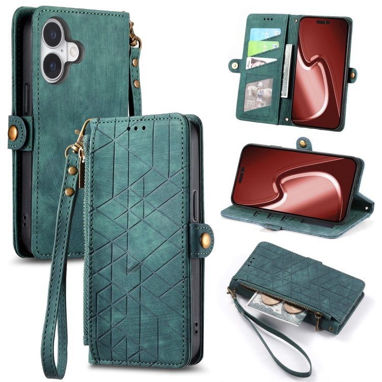 Estuche de teléfono de cuero con hebilla lateral de billetera con cremallera geométrica, For iPhone 18 Pro / 17 Pro, For iPhone 18 Pro Max / 17 Pro Max, For iPhone 17e / 16e, For iPhone 17, For iPhone Air, For iPhone 16 Pro Max, For iPhone 16 Pro      ...