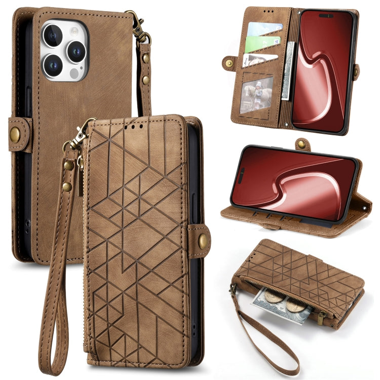Estuche de teléfono de cuero con hebilla lateral de billetera con cremallera geométrica, For iPhone 18 Pro / 17 Pro, For iPhone 18 Pro Max / 17 Pro Max, For iPhone 17e / 16e, For iPhone 17, For iPhone Air, For iPhone 16 Pro Max, For iPhone 16 Pro      ...