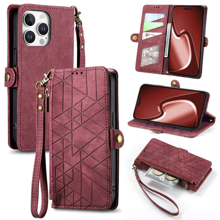 Estuche de teléfono de cuero con hebilla lateral de billetera con cremallera geométrica, For iPhone 18 Pro / 17 Pro, For iPhone 18 Pro Max / 17 Pro Max, For iPhone 17e / 16e, For iPhone 17, For iPhone Air, For iPhone 16 Pro Max, For iPhone 16 Pro      ...