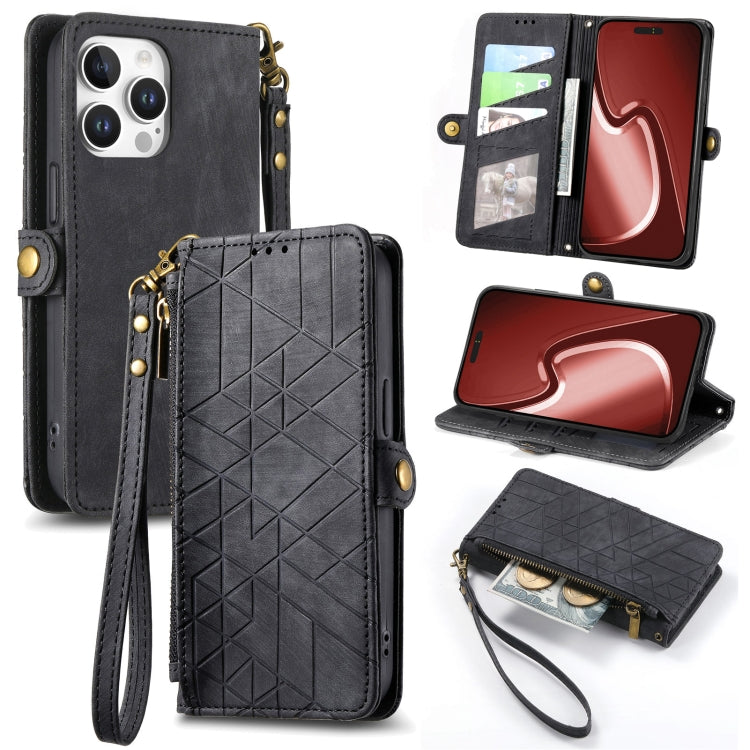 Estuche de teléfono de cuero con hebilla lateral de billetera con cremallera geométrica, For iPhone 18 Pro / 17 Pro, For iPhone 18 Pro Max / 17 Pro Max, For iPhone 17e / 16e, For iPhone 17, For iPhone Air, For iPhone 16 Pro Max, For iPhone 16 Pro      ...