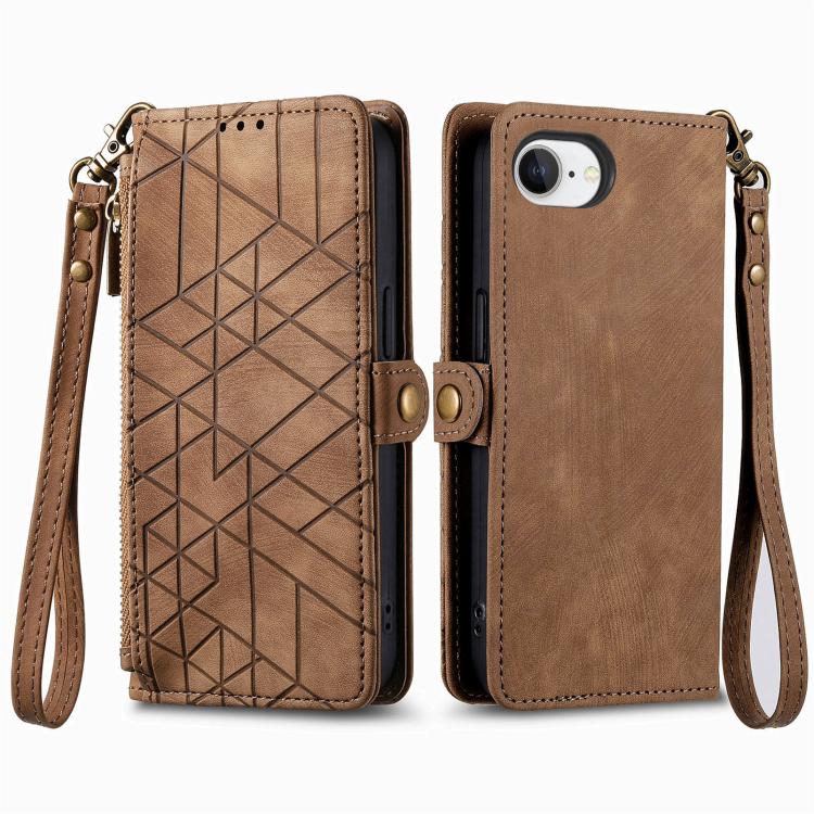 Estuche de teléfono de cuero con hebilla lateral de billetera con cremallera geométrica, For iPhone 17e / 16e, For iPhone 17 Pro Max, For iPhone 17 Pro, For iPhone 17, For iPhone Air, For iPhone 16 Pro Max, For iPhone 16 Pro, For iPhone 16 Plus