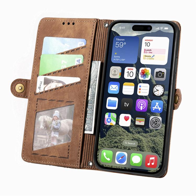 Estuche de teléfono de cuero con hebilla lateral de billetera con cremallera geométrica, For iPhone 17e / 16e, For iPhone 17 Pro Max, For iPhone 17 Pro, For iPhone 17, For iPhone Air, For iPhone 16 Pro Max, For iPhone 16 Pro, For iPhone 16 Plus