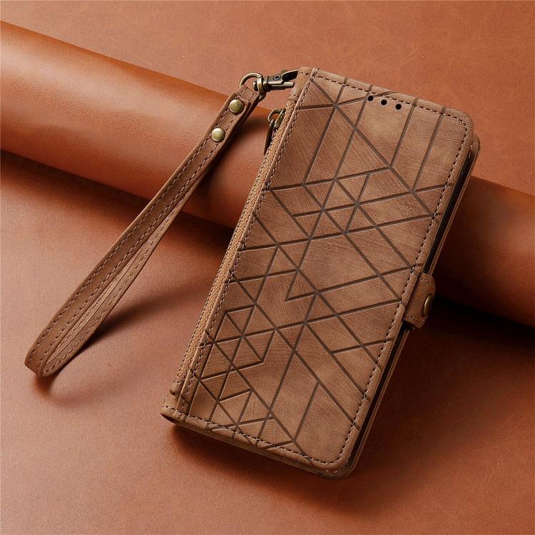 Estuche de teléfono de cuero con hebilla lateral de billetera con cremallera geométrica, For iPhone 17e / 16e, For iPhone 17 Pro Max, For iPhone 17 Pro, For iPhone 17, For iPhone Air, For iPhone 16 Pro Max, For iPhone 16 Pro, For iPhone 16 Plus