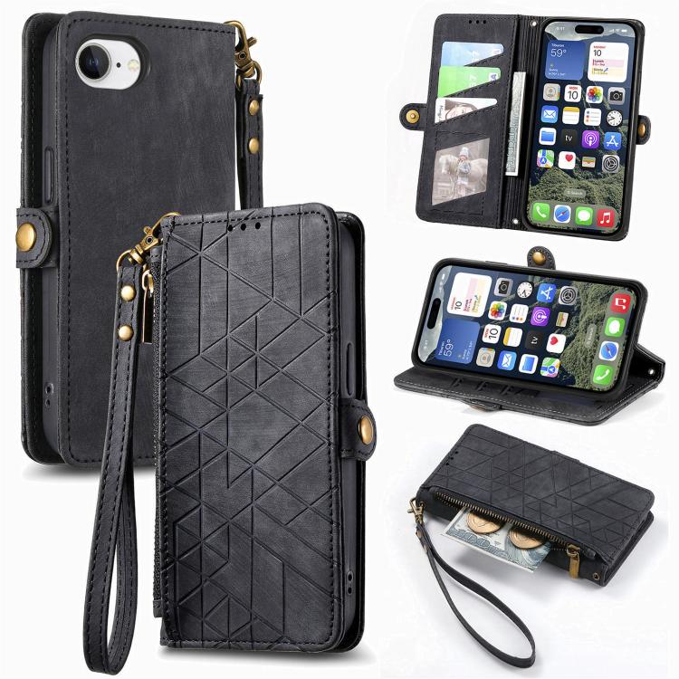 Estuche de teléfono de cuero con hebilla lateral de billetera con cremallera geométrica, For iPhone 18 Pro / 17 Pro, For iPhone 18 Pro Max / 17 Pro Max, For iPhone 17e / 16e, For iPhone 17, For iPhone Air, For iPhone 16 Pro Max, For iPhone 16 Pro      ...