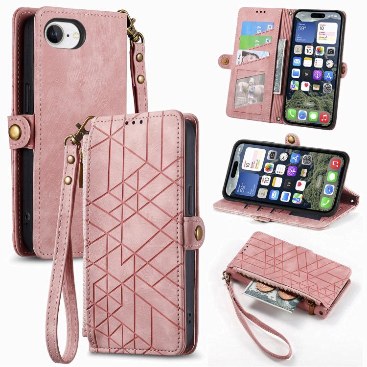 Estuche de teléfono de cuero con hebilla lateral de billetera con cremallera geométrica, For iPhone 18 Pro / 17 Pro, For iPhone 18 Pro Max / 17 Pro Max, For iPhone 17e / 16e, For iPhone 17, For iPhone Air, For iPhone 16 Pro Max, For iPhone 16 Pro      ...