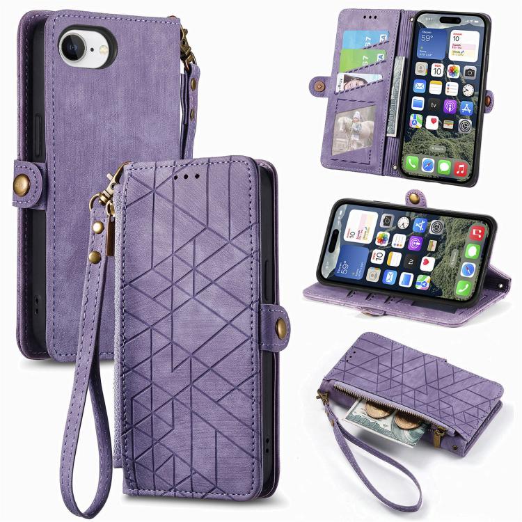 Estuche de teléfono de cuero con hebilla lateral de billetera con cremallera geométrica, For iPhone 18 Pro / 17 Pro, For iPhone 18 Pro Max / 17 Pro Max, For iPhone 17e / 16e, For iPhone 17, For iPhone Air, For iPhone 16 Pro Max, For iPhone 16 Pro      ...