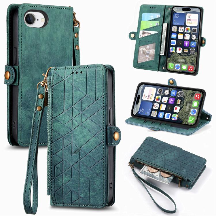 Estuche de teléfono de cuero con hebilla lateral de billetera con cremallera geométrica, For iPhone 18 Pro / 17 Pro, For iPhone 18 Pro Max / 17 Pro Max, For iPhone 17e / 16e, For iPhone 17, For iPhone Air, For iPhone 16 Pro Max, For iPhone 16 Pro      ...