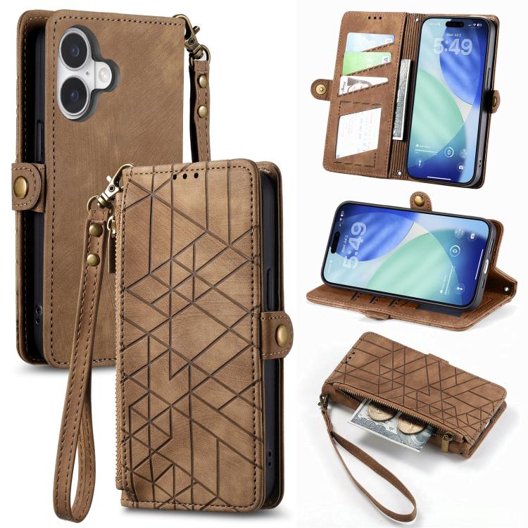 Estuche de teléfono de cuero con hebilla lateral de billetera con cremallera geométrica, For iPhone 18 Pro / 17 Pro, For iPhone 18 Pro Max / 17 Pro Max, For iPhone 17e / 16e, For iPhone 17, For iPhone Air, For iPhone 16 Pro Max, For iPhone 16 Pro      ...