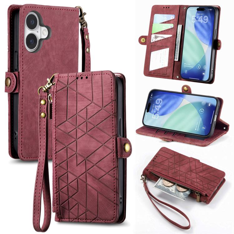 Estuche de teléfono de cuero con hebilla lateral de billetera con cremallera geométrica, For iPhone 18 Pro / 17 Pro, For iPhone 18 Pro Max / 17 Pro Max, For iPhone 17e / 16e, For iPhone 17, For iPhone Air, For iPhone 16 Pro Max, For iPhone 16 Pro      ...