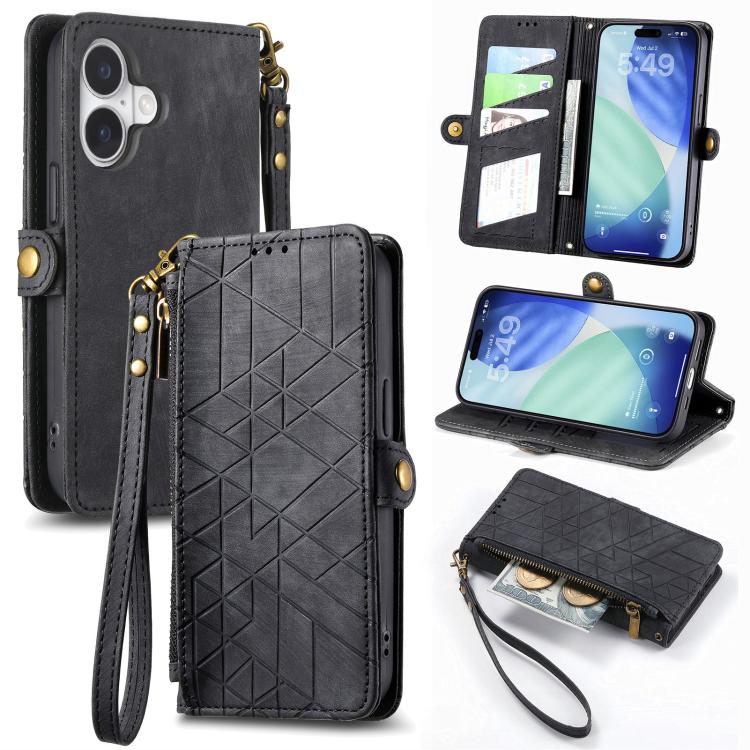 Estuche de teléfono de cuero con hebilla lateral de billetera con cremallera geométrica, For iPhone 18 Pro / 17 Pro, For iPhone 18 Pro Max / 17 Pro Max, For iPhone 17e / 16e, For iPhone 17, For iPhone Air, For iPhone 16 Pro Max, For iPhone 16 Pro      ...