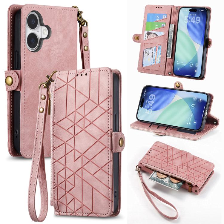 Estuche de teléfono de cuero con hebilla lateral de billetera con cremallera geométrica, For iPhone 18 Pro / 17 Pro, For iPhone 18 Pro Max / 17 Pro Max, For iPhone 17e / 16e, For iPhone 17, For iPhone Air, For iPhone 16 Pro Max, For iPhone 16 Pro      ...