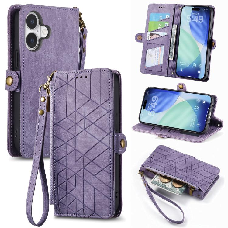 Estuche de teléfono de cuero con hebilla lateral de billetera con cremallera geométrica, For iPhone 18 Pro / 17 Pro, For iPhone 18 Pro Max / 17 Pro Max, For iPhone 17e / 16e, For iPhone 17, For iPhone Air, For iPhone 16 Pro Max, For iPhone 16 Pro      ...