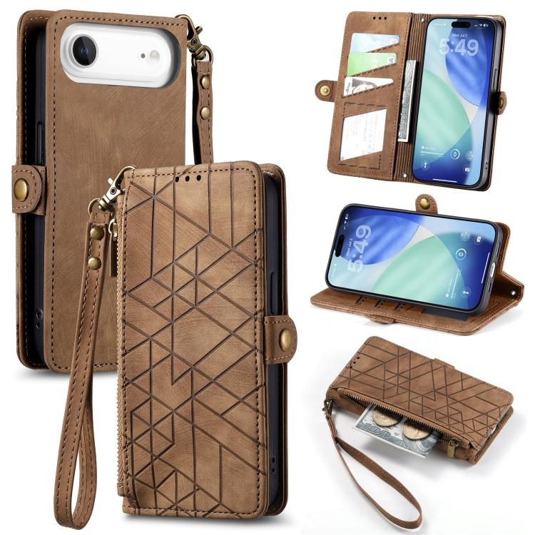 Estuche de teléfono de cuero con hebilla lateral de billetera con cremallera geométrica, For iPhone 18 Pro / 17 Pro, For iPhone 18 Pro Max / 17 Pro Max, For iPhone 17e / 16e, For iPhone 17, For iPhone Air, For iPhone 16 Pro Max, For iPhone 16 Pro      ...