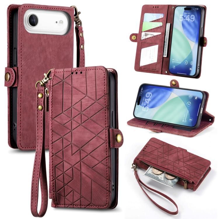 Estuche de teléfono de cuero con hebilla lateral de billetera con cremallera geométrica, For iPhone 18 Pro / 17 Pro, For iPhone 18 Pro Max / 17 Pro Max, For iPhone 17e / 16e, For iPhone 17, For iPhone Air, For iPhone 16 Pro Max, For iPhone 16 Pro      ...