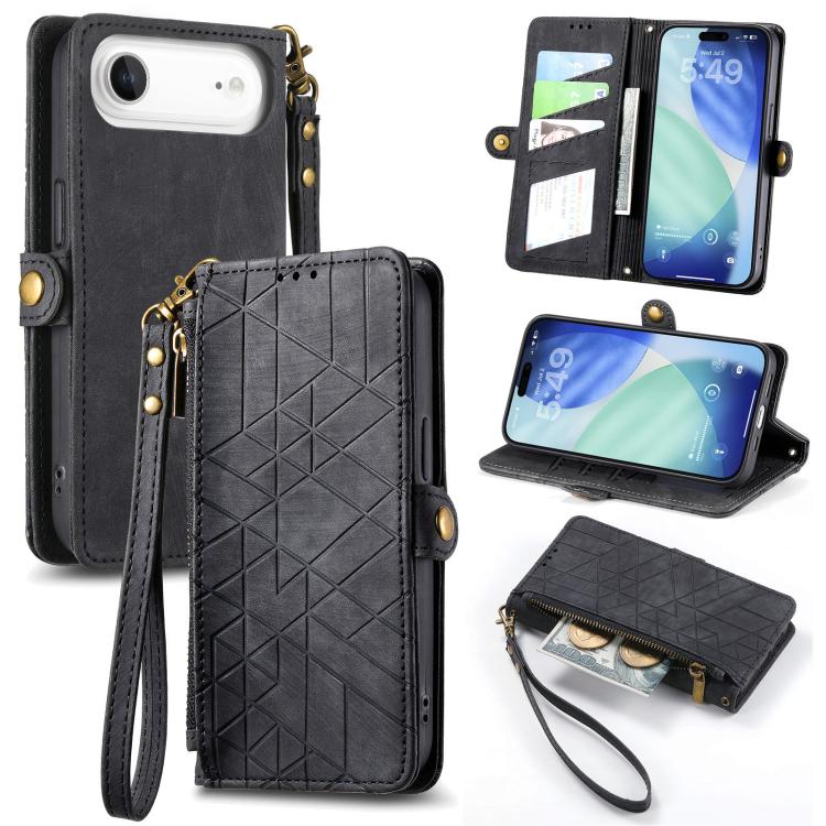 Estuche de teléfono de cuero con hebilla lateral de billetera con cremallera geométrica, For iPhone 18 Pro / 17 Pro, For iPhone 18 Pro Max / 17 Pro Max, For iPhone 17e / 16e, For iPhone 17, For iPhone Air, For iPhone 16 Pro Max, For iPhone 16 Pro      ...