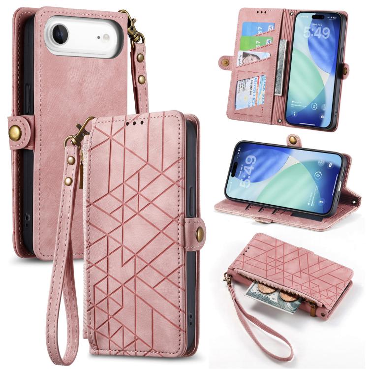 Estuche de teléfono de cuero con hebilla lateral de billetera con cremallera geométrica, For iPhone 18 Pro / 17 Pro, For iPhone 18 Pro Max / 17 Pro Max, For iPhone 17e / 16e, For iPhone 17, For iPhone Air, For iPhone 16 Pro Max, For iPhone 16 Pro      ...