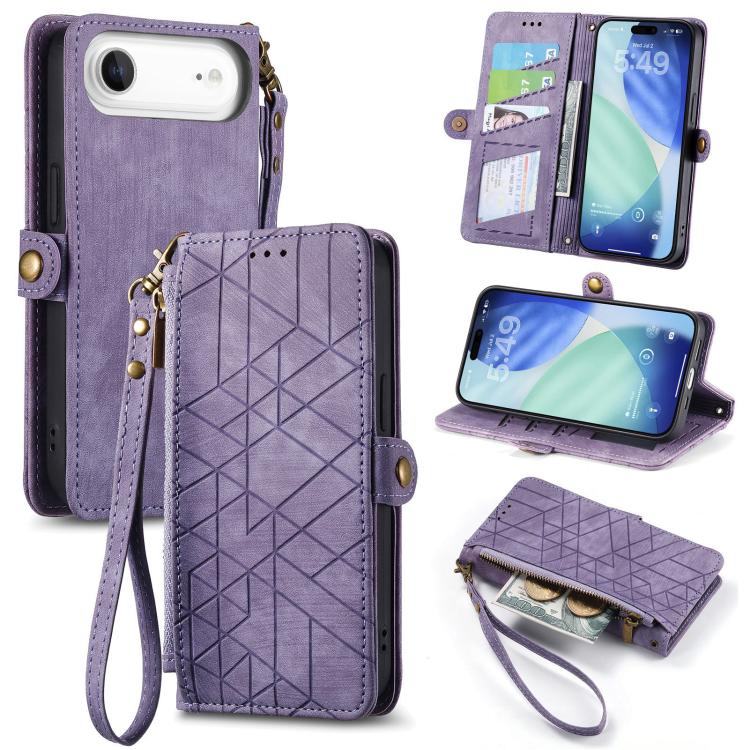 Estuche de teléfono de cuero con hebilla lateral de billetera con cremallera geométrica, For iPhone 18 Pro / 17 Pro, For iPhone 18 Pro Max / 17 Pro Max, For iPhone 17e / 16e, For iPhone 17, For iPhone Air, For iPhone 16 Pro Max, For iPhone 16 Pro      ...