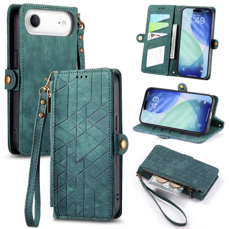 Estuche de teléfono de cuero con hebilla lateral de billetera con cremallera geométrica, For iPhone 18 Pro / 17 Pro, For iPhone 18 Pro Max / 17 Pro Max, For iPhone 17e / 16e, For iPhone 17, For iPhone Air, For iPhone 16 Pro Max, For iPhone 16 Pro      ...
