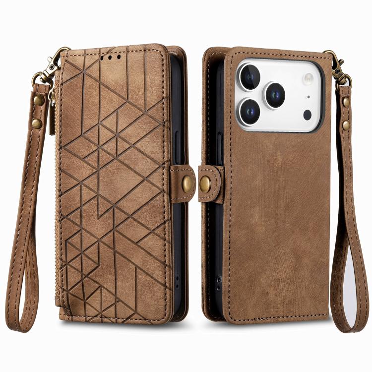 Estuche de teléfono de cuero con hebilla lateral de billetera con cremallera geométrica, For iPhone 18 Pro / 17 Pro, For iPhone 18 Pro Max / 17 Pro Max, For iPhone 17e / 16e, For iPhone 17, For iPhone Air, For iPhone 16 Pro Max, For iPhone 16 Pro      ...