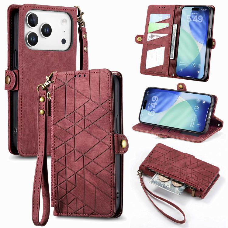 Estuche de teléfono de cuero con hebilla lateral de billetera con cremallera geométrica, For iPhone 18 Pro / 17 Pro, For iPhone 18 Pro Max / 17 Pro Max, For iPhone 17e / 16e, For iPhone 17, For iPhone Air, For iPhone 16 Pro Max, For iPhone 16 Pro      ...